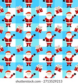 Vibrante Santa Claus Gingham Patrón. Fondo de Festiva de Navidades sin fisuras con regalos en Blue Check