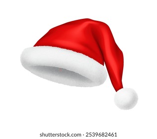 Vibrant Santa Claus hat with fluffy pompom and trim realistic vector illustration. Happy Christmas season traditions 3d model on white background