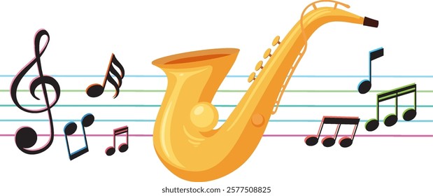 Vibrant saxophone with floating musical notes illustration