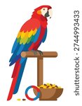 Vibrant scarlet macaw with bright plumage sits on wooden perch. Exotic bird, pet, with feed. Wildlife illustration.