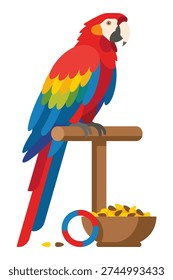 Vibrant scarlet macaw with bright plumage sits on wooden perch. Exotic bird, pet, with feed. Wildlife illustration.