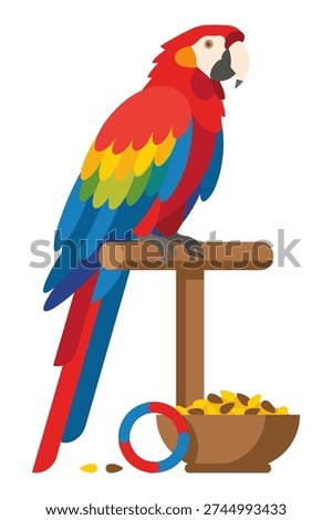 Vibrant scarlet macaw with bright plumage sits on wooden perch. Exotic bird, pet, with feed. Wildlife illustration.