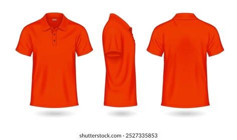 Camisas polo escarlate vibrantes mockup design conjunto de ilustração vetor realista. Modelo casual com espaço de cópia modelos 3d no fundo branco