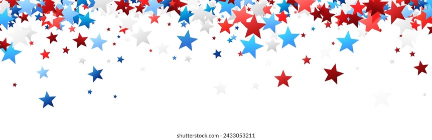 A vibrant scatter of red, white, and blue stars creating a patriotic theme, ideal for celebrations and national holidays.