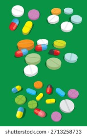A vibrant scatter of various pills and capsules arranged against a green background. 