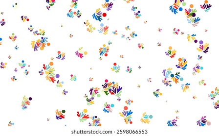 Vibrant scattering of abstract floral elements and colorful dots against a clean white backdrop creating a playful and visually engaging contemporary design perfect for various applications