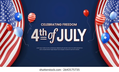 A vibrant scene celebrating the 4th of July, featuring American flags, festive balloons and all set against a festive dark blue background.
