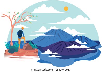 Vibrant scene: Man with backpack hiking to three volcanoes on a cliff, against a colorful, cloudy blue sky. Perfect for travel, nature, and hiking visuals.