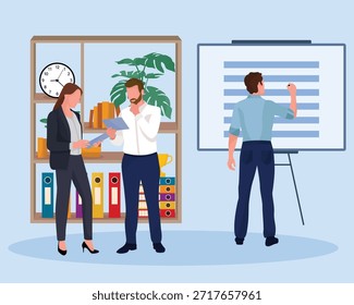 Vibrant scene of office workers in teamwork presentation with business and finance elements showing data charts collaboration and professional growth