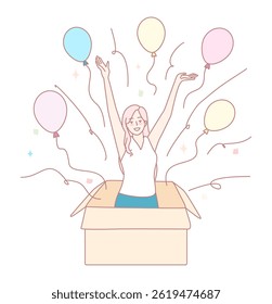A vibrant scene of a person celebrating a special moment with colorful balloons from a surprise box