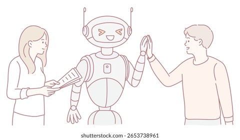 A vibrant scene portraying uplifting and positive interactions between humans and a friendly robot character