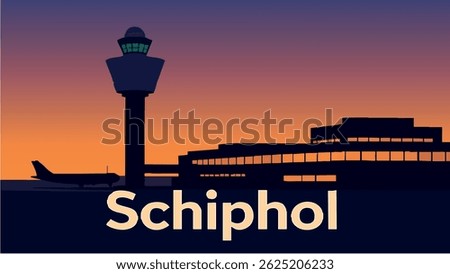 A vibrant scene of Schiphol Airport’s bustling terminals, with airplanes taking off and passengers moving through the vast airport space.