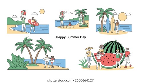 Vibrant scenes of people enjoying a picturesque beach on a bright sunny summer day with palm trees and clear blue water