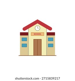 Vibrant school building flat icon representing education. Ideal for web design, school apps, and academic presentations. High-quality vector illustration in a modern flat style.