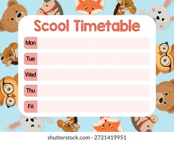 Horario escolar vibrante para los niños con personajes animales juguetones, diseño colorido y divertido diseño hecho para la educación de los niños