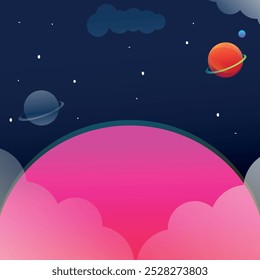A vibrant science day illustration of a pink planet rising against a dark blue, star-filled sky, perfect for projects related to space, dreams, and fantasy.
