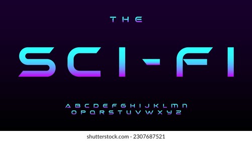 Alfabeto de ciencia ficción vibrante, letras simples futuristas. Fuente moderna para el logotipo EDM, titular del club en retrofuturismo estilo ciberpunk robótico. Gran diseño tipográfico. Tipo de vector