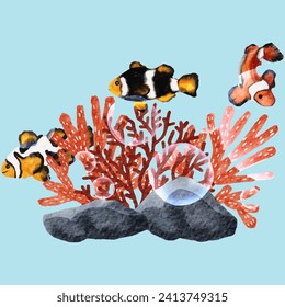 Vibrant Sea Anemone and Clown Fish Watercolor Painting - Artistic Marine Illustration