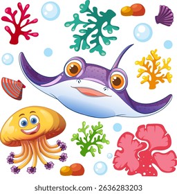 Vibrant sea creatures and corals in a playful scene