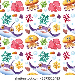 Vibrant sea creatures and corals in seamless design