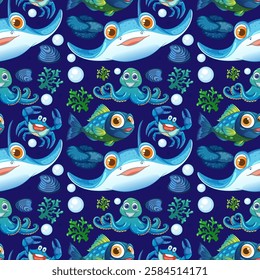 Vibrant sea creatures in a seamless ocean design