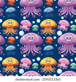 Vibrant sea creatures with smiling faces and bubbles