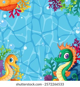 Vibrant sea creatures surrounded by coral and bubbles