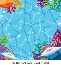 Vibrant sea creatures surrounded by coral and bubbles