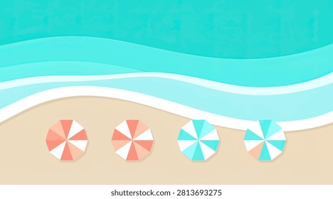 Vibrant sea waves meeting sandy shore with bright umbrellas.