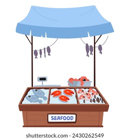 Vibrant Seafood Product Kiosk, Adorned With A Weather-resistant Canopy, Showcases Fresh, Icy Delicacies, Inviting Customers With Its Oceanic Theme And Tantalizing Display. Cartoon Vector Illustration