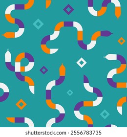 Vibrant seamless abstract pattern of geometric snakes in purple, orange, white on cyan background with diamond accents. Suitable for textile design, wallpapers, packaging, or modern branding projects.