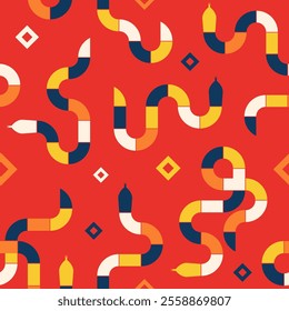 Vibrant seamless abstract pattern of geometric snakes in blue, white, yellow on red background with diamond accents. Suitable for textile design, wallpapers, packaging, or modern branding projects.