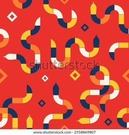 Vibrant seamless abstract pattern of geometric snakes in blue, white, yellow on red background with diamond accents. Suitable for textile design, wallpapers, packaging, or modern branding projects.