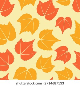 Vibrant seamless autumn leaf pattern in warm orange and yellow hues, perfect for fall season designs, decorative backgrounds, and seasonal textiles