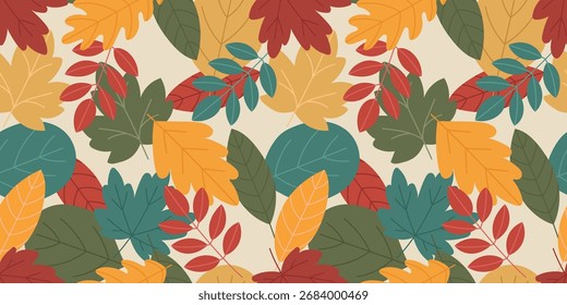 Vibrant seamless autumn pattern with multicolored leaves in red, yellow, orange, and green. For seasonal textiles, packaging, and decorative projects