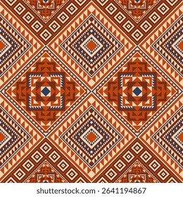 A vibrant seamless Aztec pattern in rust red, navy, and ivory with layered diamond and triangle motifs. Ideal for textiles, decor, fashion, and bold ethnic designs.