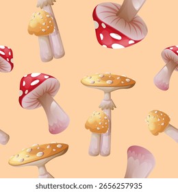 A vibrant seamless background graphic showcasing red and yellow spotted mushroom caps, with Amanita mushrooms of various shapes and heights grouped closely together on a light orange backdrop.