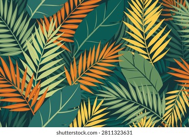 Vibrant seamless background pattern packed with various tropical leaves, palm fronds, and jungle foliage.