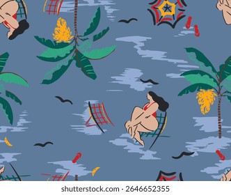 Vibrant seamless beach pattern featuring retro-style women lounging under palm trees with umbrellas, waves, and sandals on a denim blue background. Perfect for summer apparel, swimwear, resort wear