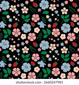 Vibrant seamless botanical pattern with stylized strawberries, flowers, and leaves. Cheerful summer garden print with pink, blue, and red motifs on a dark grey background. Folk art illustration.