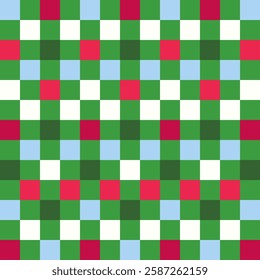 Vibrant seamless checkered grid pattern for Xmas, Christmas, and Happy New Year. Squares in festive colors create a geometric vector design. Ideal for holiday themed wallpapers and background