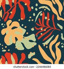Vibrant Seamless Creative Bloom Monstera Textile Wallpaper. Bright Continuous Decoration Simple Hawaiian Paint Art. Dark Repetitive Nature Branch Template Design.