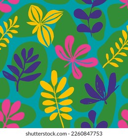 Vibrant Seamless Decoration Vintage Artwork Background. Orange Endless Abstract Jungle Textile, Seamless Backdrop. Blue Continuous Doodle Spring Leaves Design. 