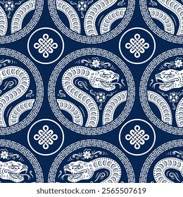 A vibrant seamless design for the 2025 Chinese New Year features a gracefully coiling snake and an infinity knot, perfect for wallpaper, textiles, wrapping, and background use.