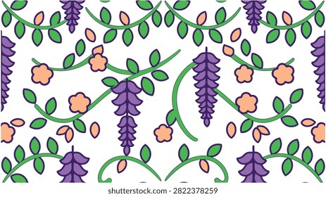 A vibrant, seamless digital illustration featuring hanging purple wisteria clusters, green vines, and small peach-colored flowers on a clean white background.
