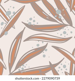 Vibrant Seamless Doodle Branch Paint Print. Orange Repetitive Creative Jungle Fabrics, Seamless Background. Pastel Continuous Summer Artistic Surface Pattern. 