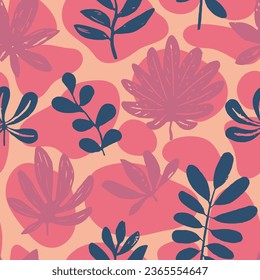 Vibrant Seamless Doodle Jungle Invitation Vector. Blue Repeated Summer Beauty Illustration, Seamless Texture. Yellow Repetitive Elegant Tree Quill Art. 