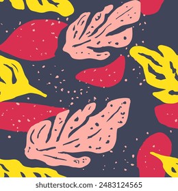 Vibrante Sin Costura Elegante Arte Artístico Tejidos. Negro Interminable Plantilla Trópica Contemporánea, Fondo de pantalla Sin Costura. La belleza rosada del verano sin costuras deja el Vector. 
