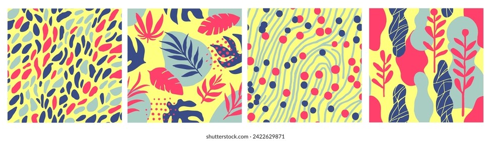 Vibrant Seamless Elegant Flora Lines Set. Blue Repeated Creative Retro Watercolor, Seamless Backdrop. Gradient Endless Summer Beauty Decor Art. 