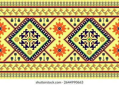 Vibrant seamless ethnic pixel art pattern with intricate geometric and floral motifs in orange, blue, and green on a cheerful yellow background. Ideal for textiles, folk-inspired fashion, and digital 